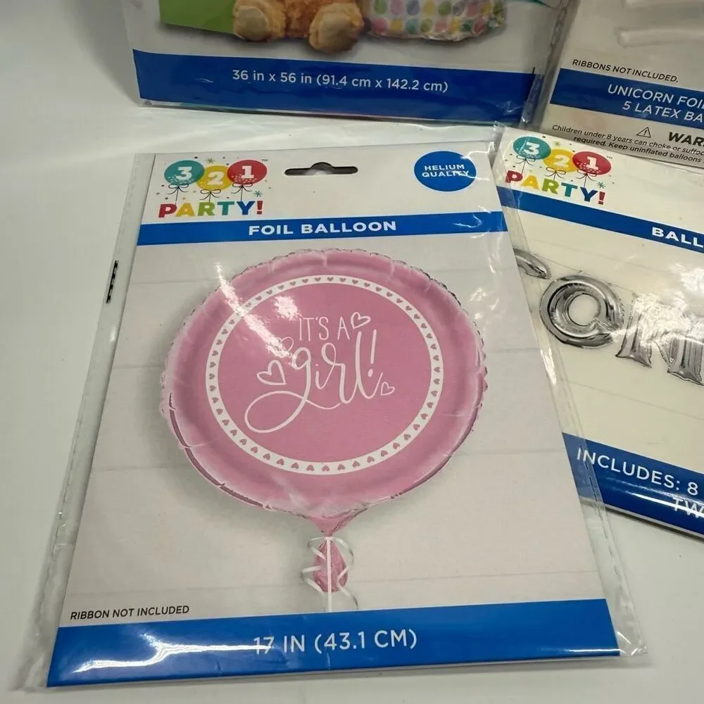 D37. Party Decorations- 4 piece It’s a girl baby shower balloons and large gift